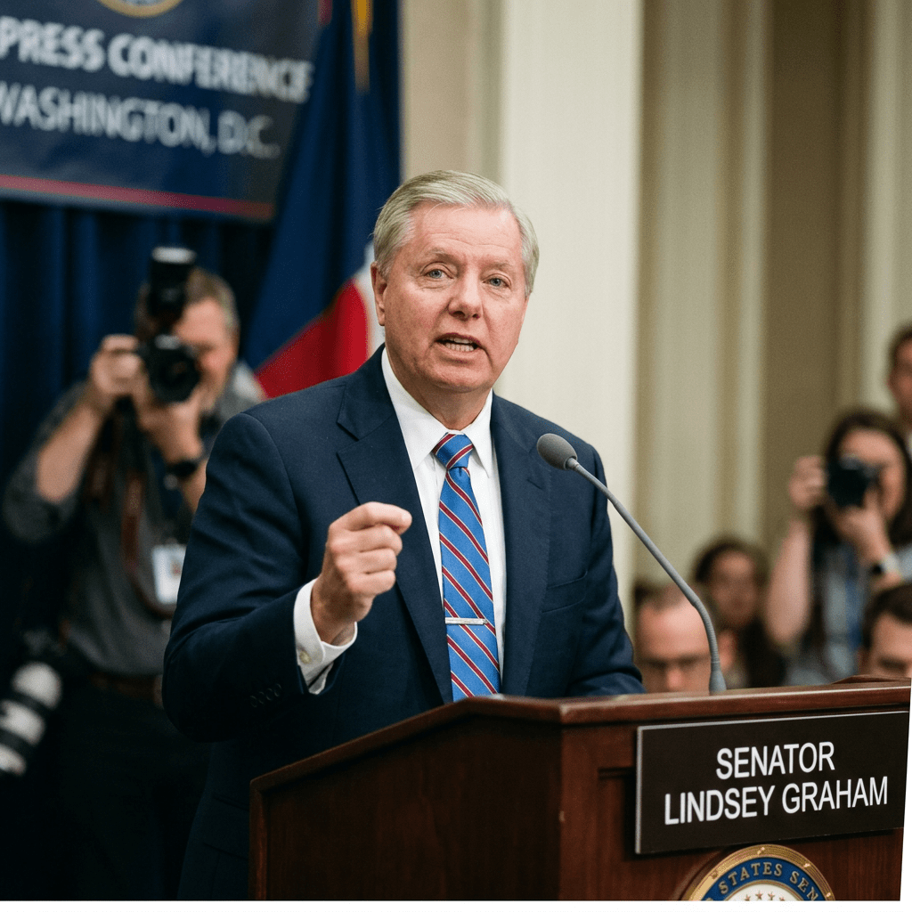 Senator Lindsey Graham speaking at a podium with a microphone during a press conference