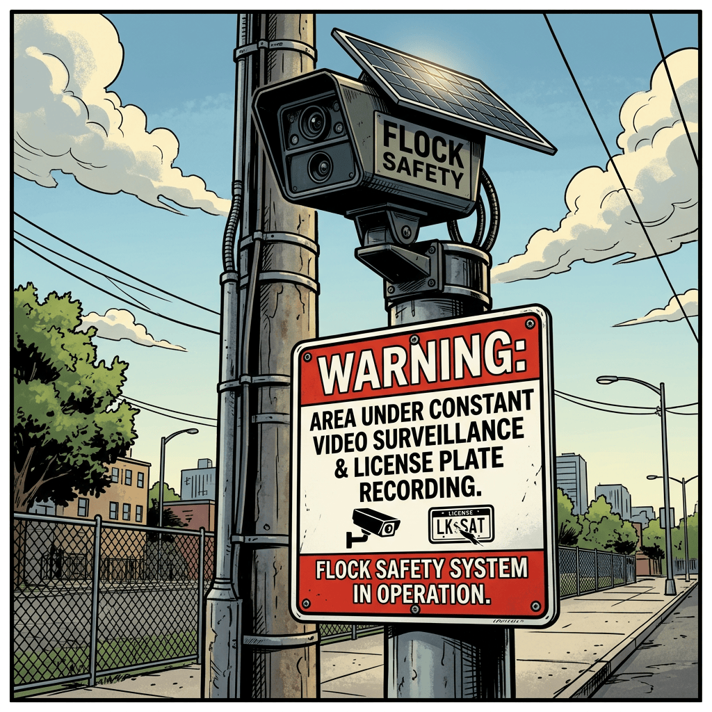 FLOCK SAFETY camera and sign reading WARNING: AREA UNDER CONSTANT VIDEO SURVEILLANCE & LICENSE PLATE RECORDING. FLOCK SAFETY SYSTEM IN OPERATION.